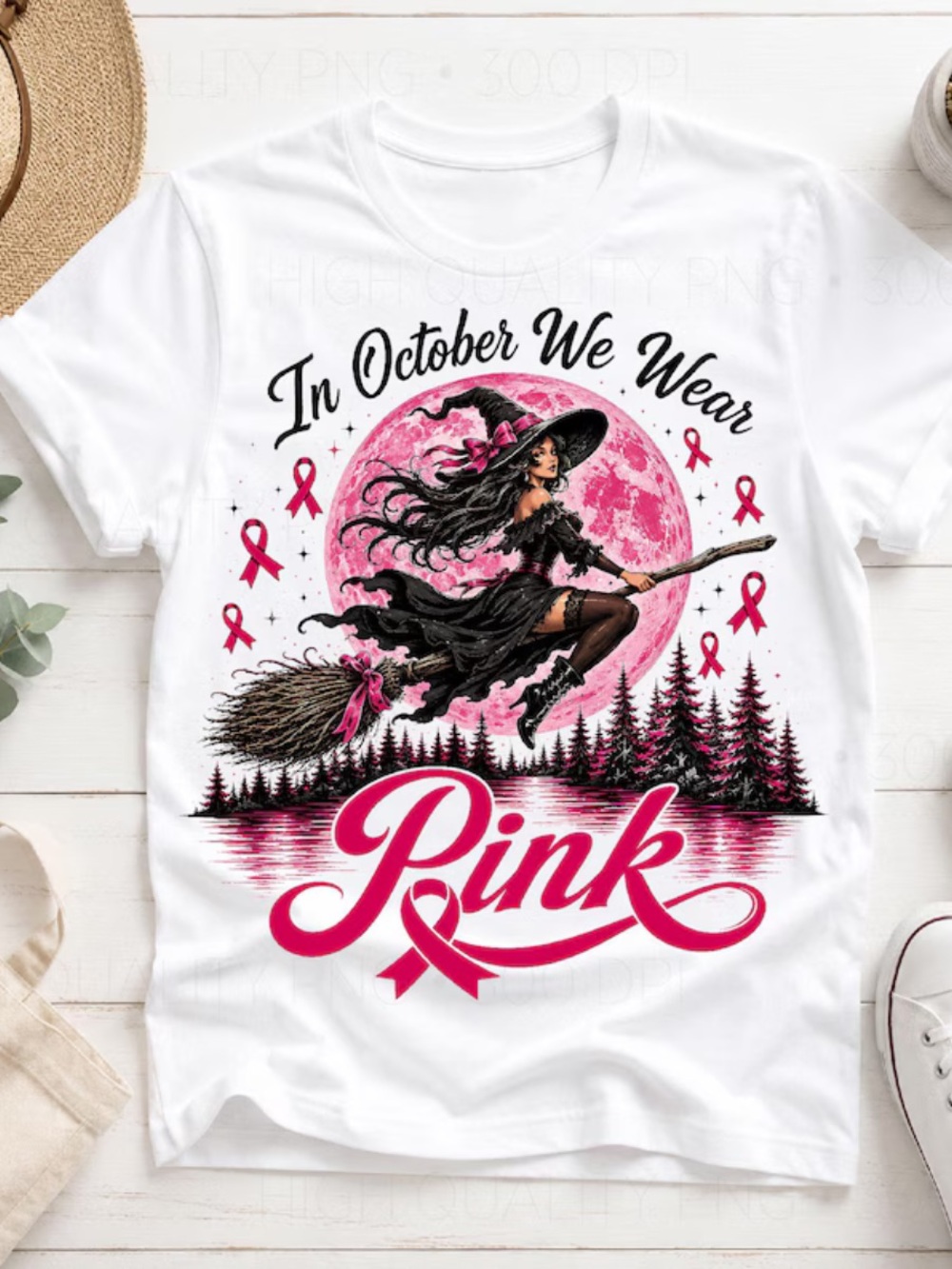 Gildan White In October We Wear Pink Graphic Tee, Vintage Pink Witch T-Shirt